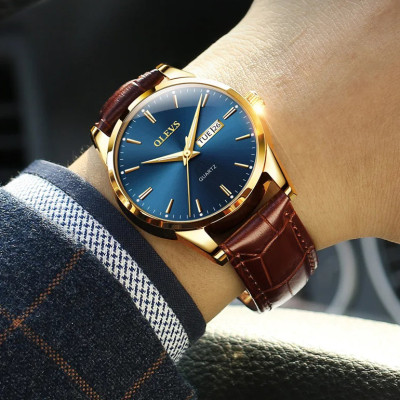 OLEVS Watch Brown Leather Strap - Navy Blue