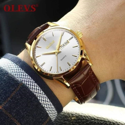 OLEVS Watch Brown Leather Strap - White
